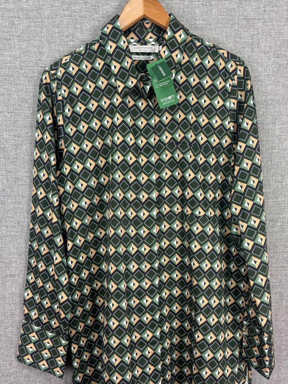 NWT Simons Green Geometric Print Long Sleeve Shirt Organic Cotton XL